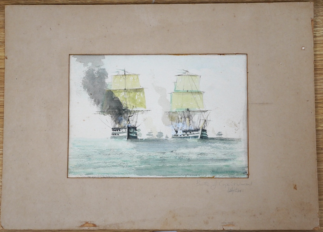 From the Studio of Fred Cuming. watercolour, ‘Really Bloody Good’, Battle of Cape St Vincent, indistinctly signed in pencil to the mount, 14 x 20cm, unframed. Condition - fair, some spots of foxing